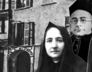 Don Carlo Sonzini e suor Lina Manni; sullo sfondo Casa San Giuseppe